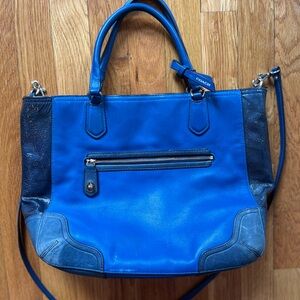 Coach leather shoulder bag for sale. Good condition, bright blue w/ silver